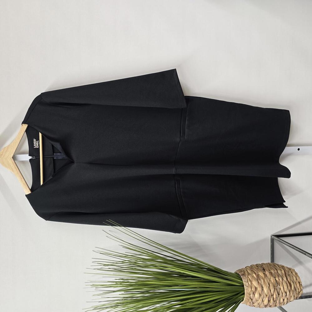 Lands End Womens 16P Black‎ Ponte Knit 3/4 Sleeve Shift Dress V-Neck Pocket